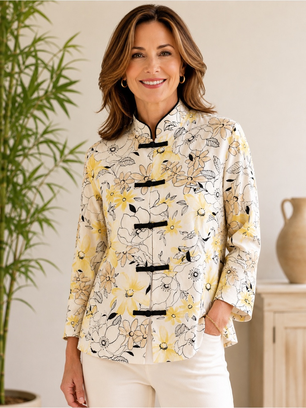 Pendleton Petite 8P Silk Linen Floral Mandarin Collar Frog Closure Jacket